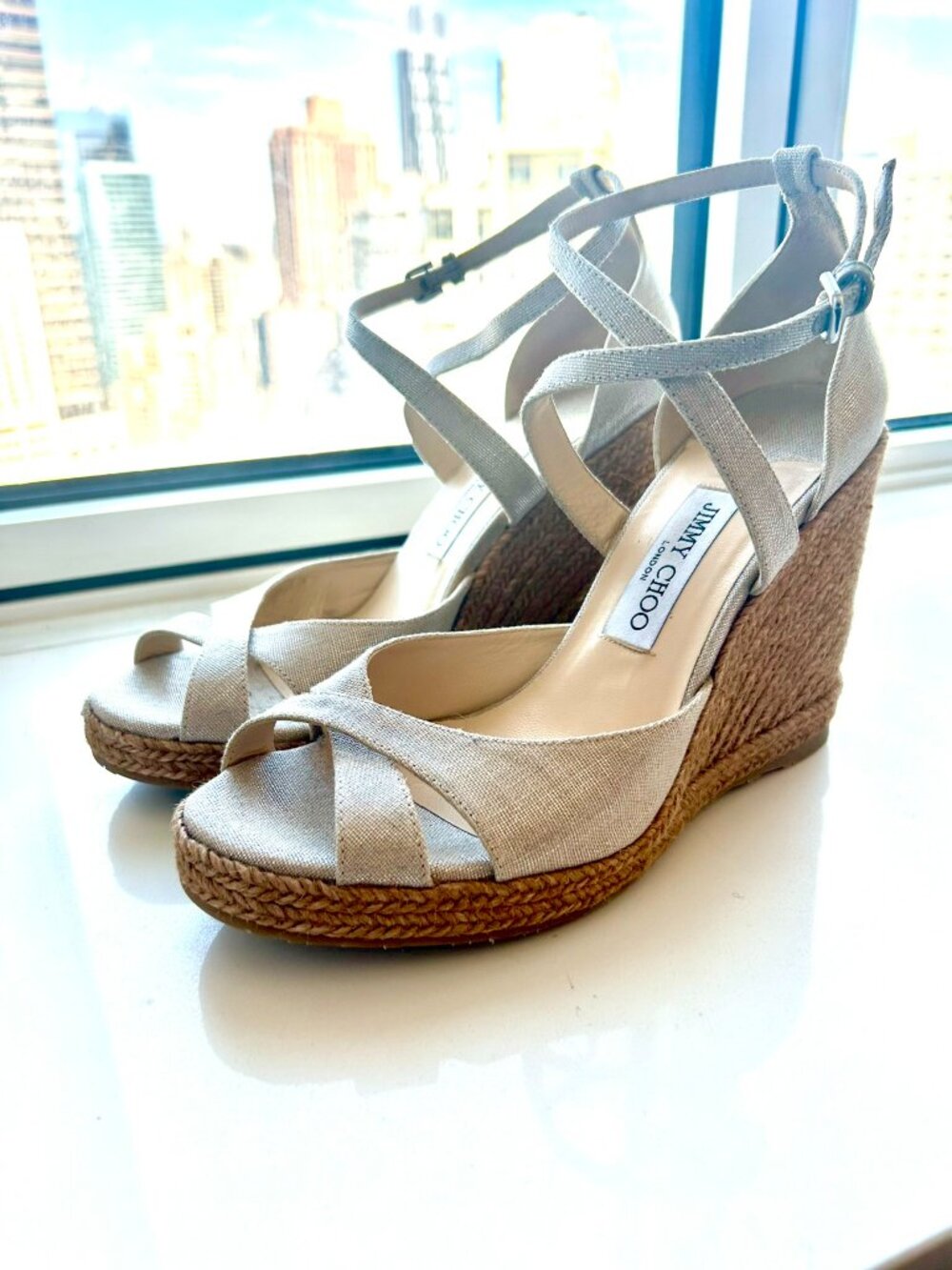 Jimmy Choo Alanah 105mm Linen Wedge Espadrilles in Nude/Metallic Size 40 US 9